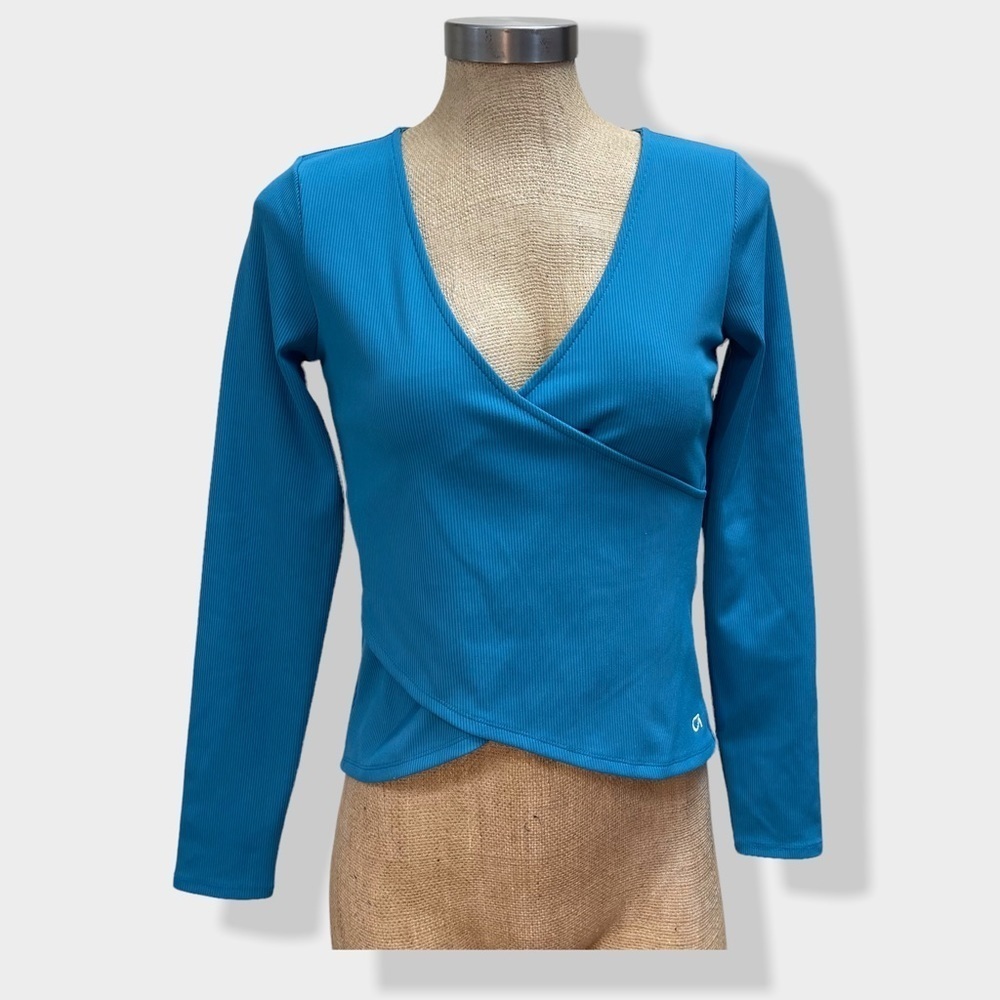 GAPFIT Rib Long Sleeve Wrap Front Slate Teal - Picture 2 of 7